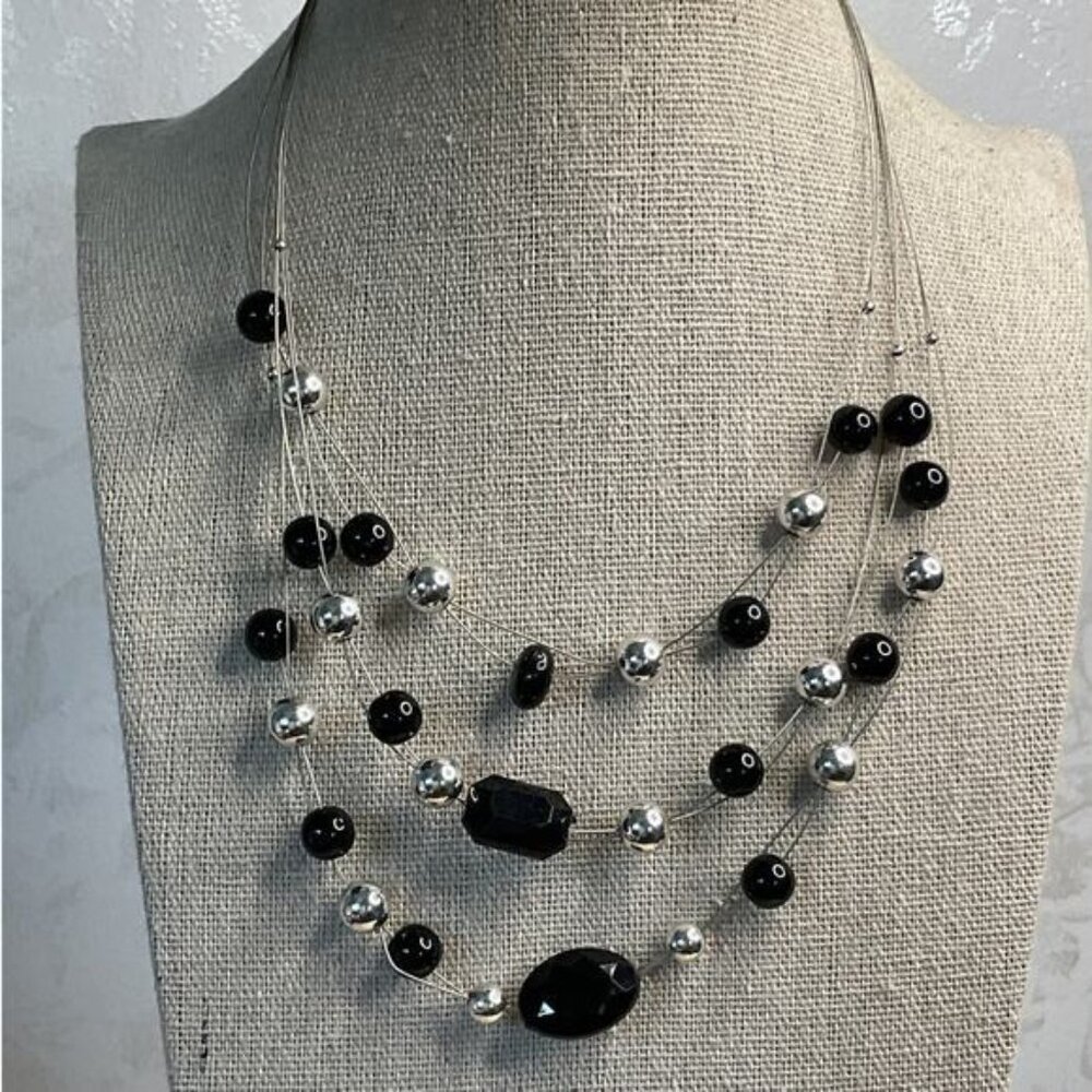 Black and Silver Beaded Invisible Floating Layered Bib Necklace
